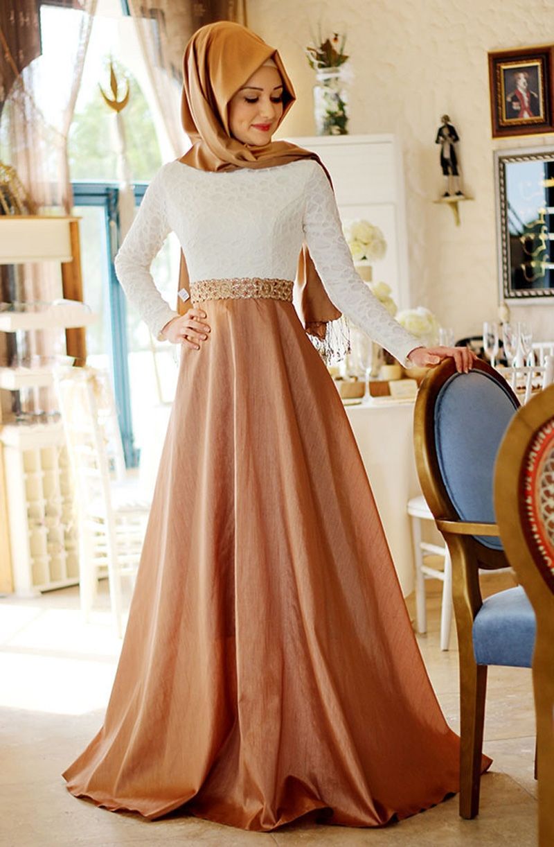 Two Tone Lace Satin Beaded Waist Long Sleeve Hijab Muslim Evening Dress Formal Party Gown robe