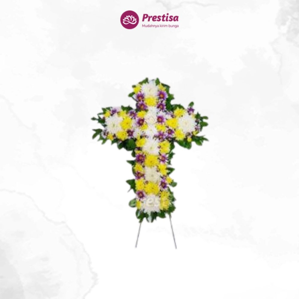 "KARANGAN BUNGA –  YELLOWISH CONDOLENCE CROSS STANDING FLOWER – CIREBON – 1 "