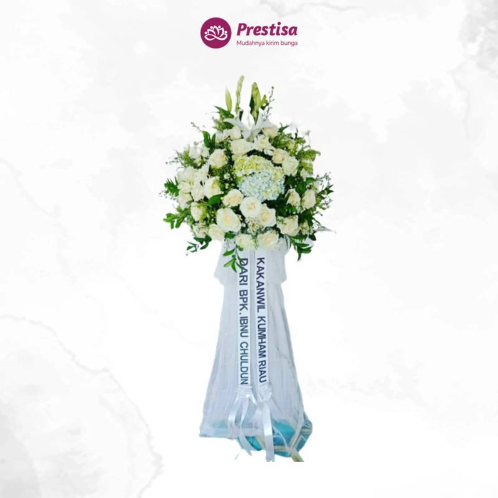 "KARANGAN BUNGA – CALMING WHITE STANDING FLOWER – CIREBON – 4 "
